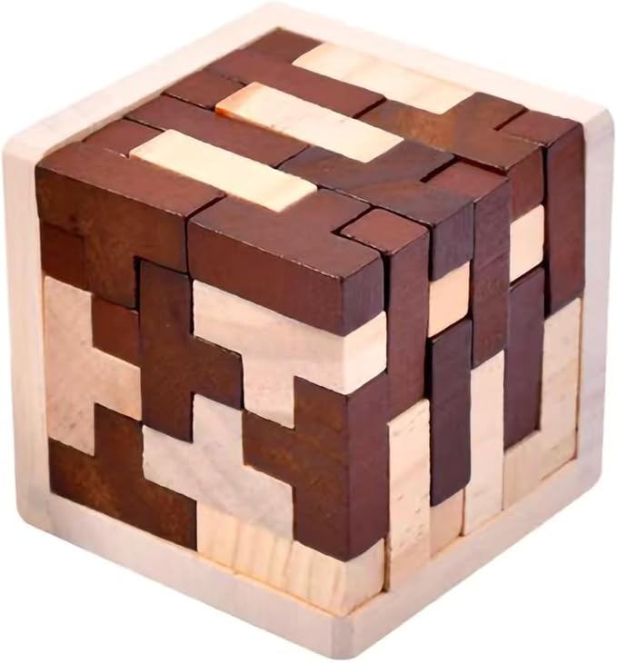 AHYUAN Wooden Brain Teaser Puzzles Cube Stocking Stuffers Wooden Puzzles T-Shaped Jigsaw Logic Puzzle Educational Games Toy for Kids and Adults (Coffee and Natural)