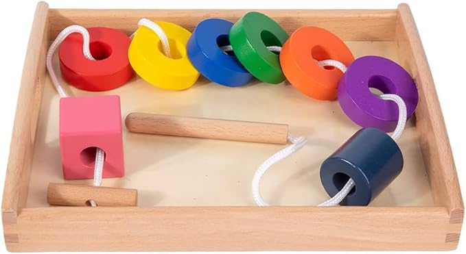Adena Montessori Wooden Lacing Bead Set with Tray, 1-3y | 8 colorful geometric shapes with laces. Builds fine motor, pattern sequencing & hand-eye. Montessori. Gift 1-3y.