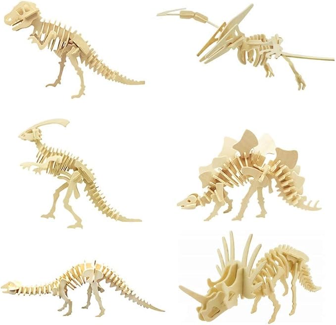 3D Wooden Dinosaur Puzzle - 6 Piece Set Wood Dinosaur Skeleton Model Puzzle - DIY Wooden Crafts 3D Puzzle - STEM Brain Teaser Puzzle Gifts