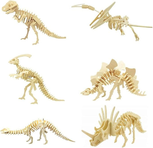 3D Wooden Dinosaur Puzzle - 6 Piece Set Wood Dinosaur Skeleton Model Puzzle - DIY Wooden Crafts 3D Puzzle - STEM Brain Teaser Puzzle Gifts