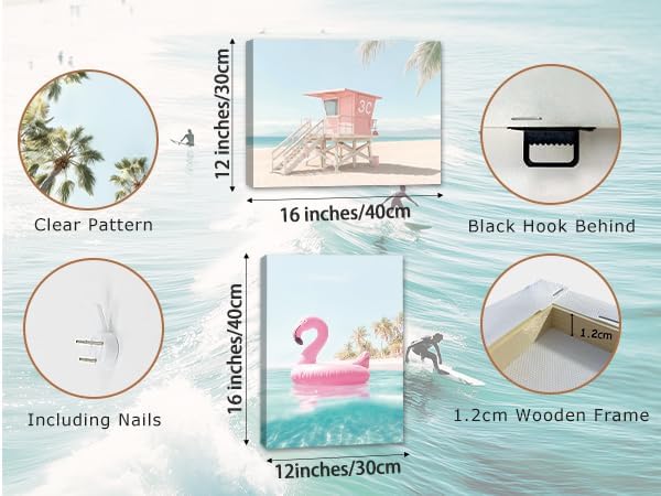 HOURIA 6Pcs Ocean Beach Canvas Wall Art Set(8”x10”), Summer Ocean Surfing Wall Decor,Coastal Seascape Themed Wall Decor,Pink Surfboard Coconut Tree Art Print for Living Room Bedroom