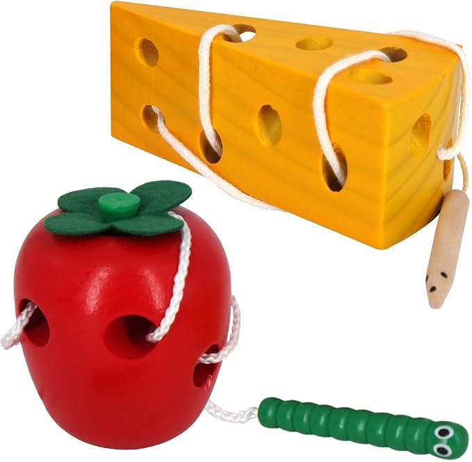 Sealive Early Development Wooden Lacing Toys, Montessori Activity | Caterpillars Eat Apple and Kids Cheese Toys, Children Learning Educational Wood Block Puzzles for Toddlers Boys Girls