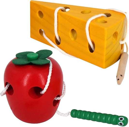Sealive Early Development Wooden Lacing Toys, Montessori Activity | Caterpillars Eat Apple and Kids Cheese Toys, Children Learning Educational Wood Block Puzzles for Toddlers Boys Girls
