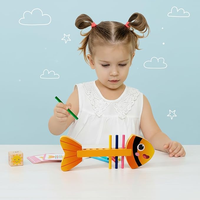 Montessori Fine Motor Skills Toys for Toddlers, Wooden Fishbone Color Matching & Sorting Toy with 20 Task Cards, Learning Educational Gifts for 3 4 5 6 Year Olds, Baby Sensory Training Toys
