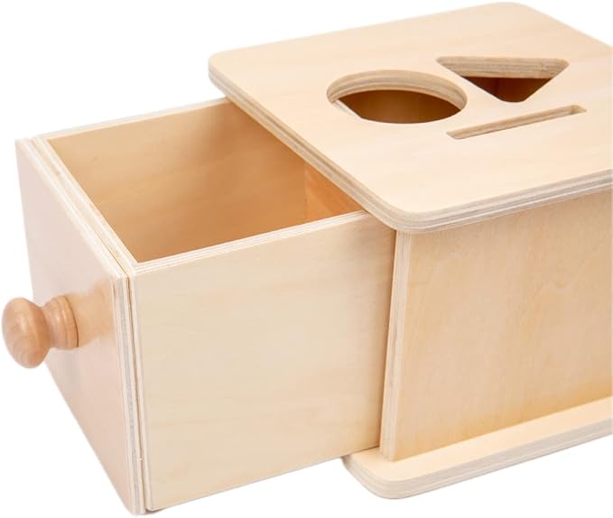 Adena Montessori Wooden Coin Box with Drawer Object Permanence 6-12 Months | Red ball, yellow triangle, blue disc. Smooth wood, no burrs. Open-close-insert for color-shape sorting. Gift.