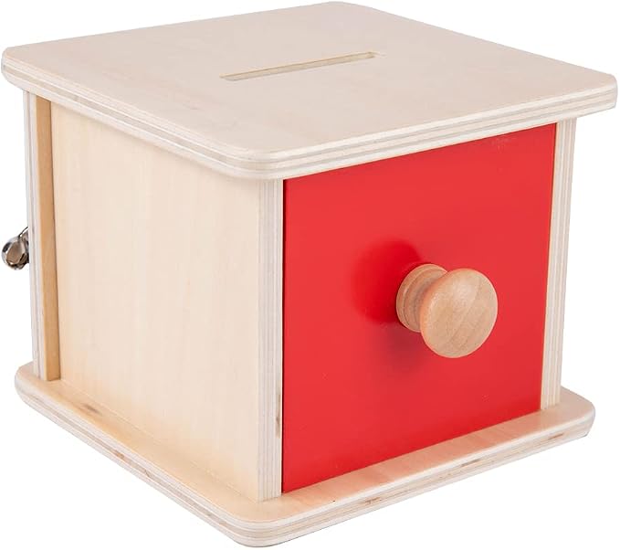 Adena Montessori Coin Lock Box Object Permanence 6-12 Months | Red drawer, red yellow blue coins. Smooth burr-free. Color sorting, hand-eye coordination, fine motor. Learning gift.