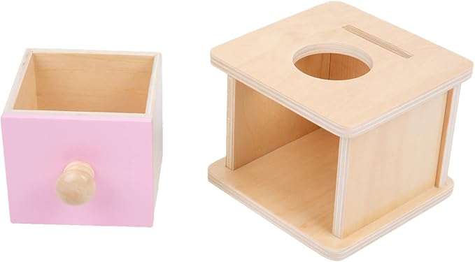 Adena Montessori Pink Wooden Coin Box 2 in 1 Object Permanence Toy 6+ Mo | Includes 6 colorful wood discs and a ball, works as color shape sorter and baby toy storage, smooth burr-free linden wood