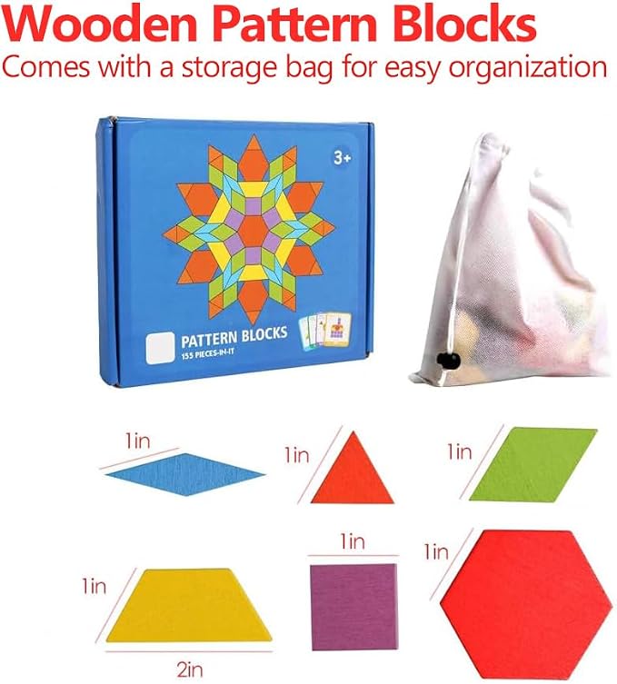 JCREN Wooden Pattern Blocks Geometric Tangram Shape Puzzle 155Pcs | Montessori Toy with Activity Cards and Storage Bag Classic STEM Learning Toys Educational Gift for Kindergarten Kids