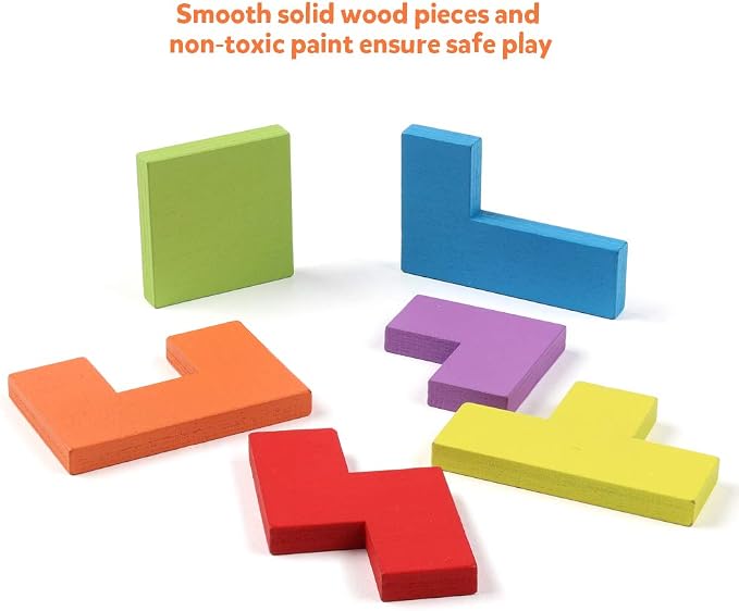 Coogam Wooden Blocks Puzzle Brain Teasers Toy Tangram Jigsaw Intelligence Colorful 3D Russian Blocks Game STEM Montessori Educational Gift for Kids (40 Pcs) | Wooden Puzzle Box Brain Game Building Block Intelligence Educational Gift for Toddlers
