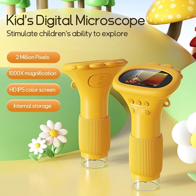 Kids Microscope Handheld – 2" Digital Microscope for Kids with 8 LED Lights, 50X-1000X Portable Pocket Microscope for STEM Learning, Educational Toy for Boys & Girls Ages 3-12（Yellow）