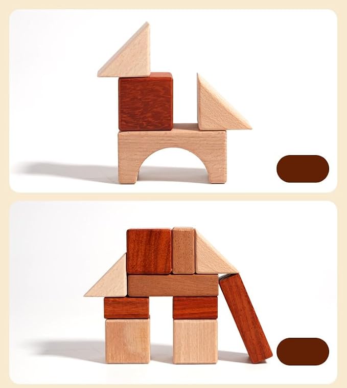 Wooden Building Block Set for Kids, Natural Wood Stacking Toy with Storage Tray, Preschool Learning Toys for Toddlers 1-3 Year Old, 29 Pcs in 8 Shapes, Montessori Educational Game for Boys & Girls