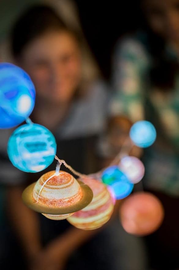 4M DIY Solar System String Lights - Outer Space Art & Craft Kit, Kids 5+ | Build a mini-planetarium with 9 LED planets, paint, and glitter. STEAM set includes poster and easy snap assembly