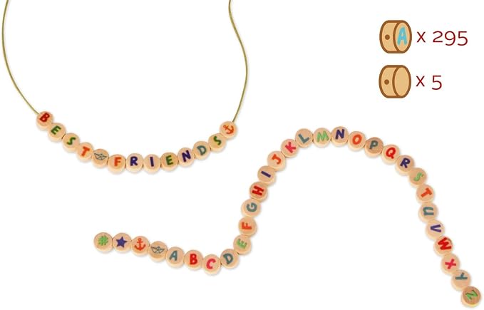 Lena 32051 Craft Set Wooden Letter Beads, 300 Round Threading Beads and with Colourful Letters, Wooden Beads Set for Children from 3 Years, for DIY Beads Jewellery, Natural Brown
