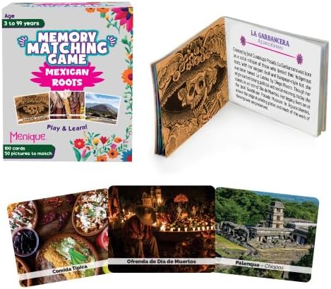 Menique – Mexican Roots Memory Game – Bilingual – 100 Cards (50 Pairs) with Real Photographs – Includes Booklets in English & Spanish – Cultural Matching Game for Kids & Adults