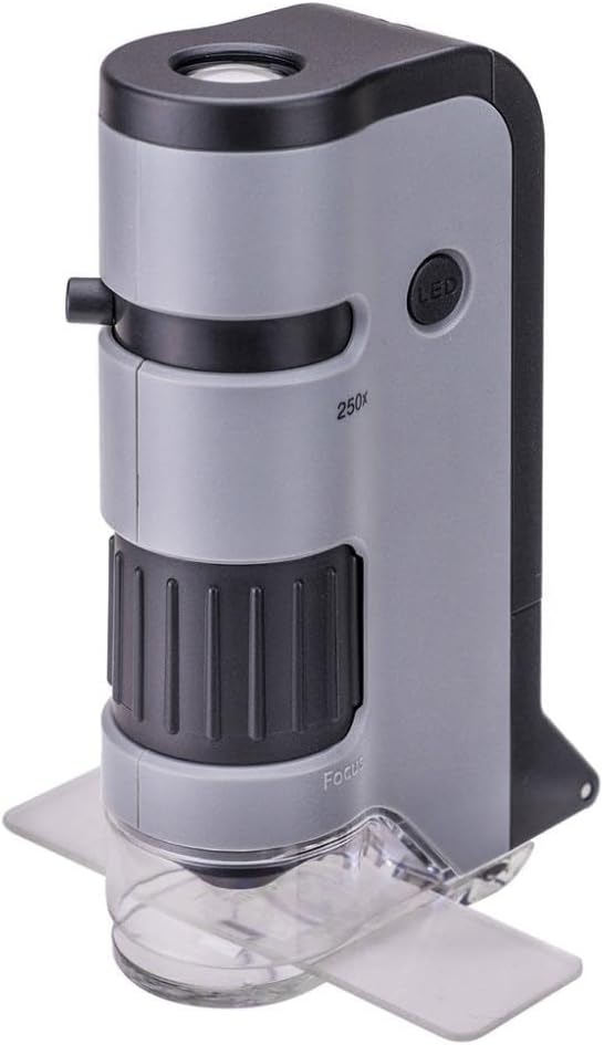 Carson MicroFlip 100x-250x, LED UV Pocket Microscope with Smartphone Clip, STEM Education (MP-250) | STEM Handheld Microscope with Smartphone Adapter Clip for Digiscoping, Flip Down Slide Base (MP-250)