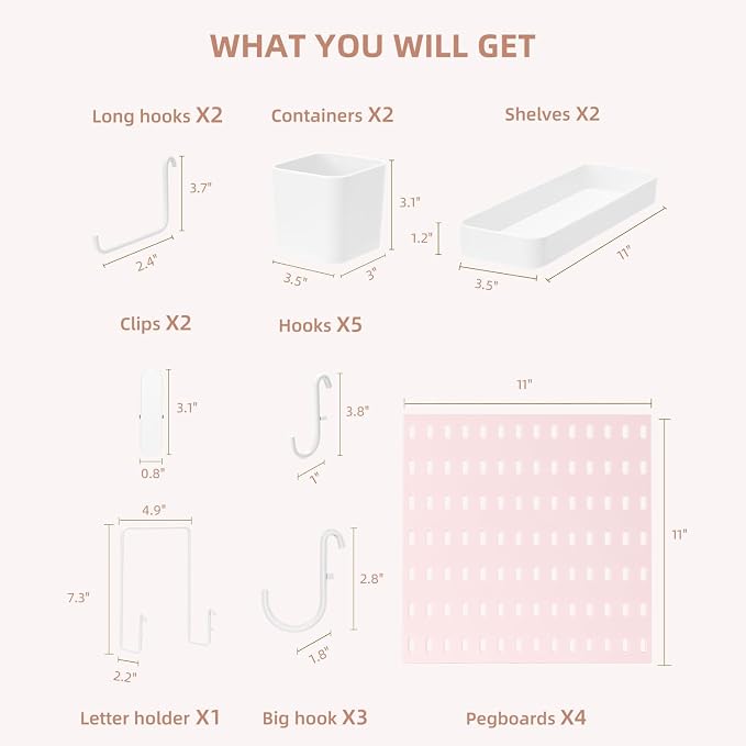 VUSIGN Pegboard Combination Wall Organizer Kit 22" x 22", Pink | 4 Pieces Pegboards and 17 Accessories, Wall Mount Display Peg board Panel Kits for Bedroom, Home, Office, Bathroom