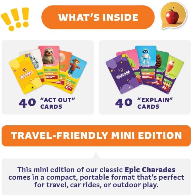 Clever Fox Play Epic Charades Mini Game for Kids Ages 6+, Travel Card Game | 80 act out and explain cards, illustrations, timer, family party game, classroom activity, car trips and travel play