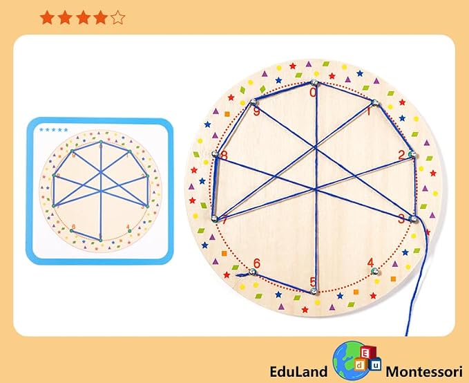 EduLand Montessori Wooden Peg Board Winding Patterns Game - Learning & Development Toy - 3+ Years - Includes 4 Colors Wool, 20 Pattern Cards, Wooden Pegboard
