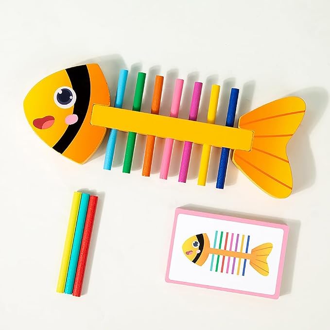 Montessori Fine Motor Skills Toys for Toddlers, Wooden Fishbone Color Matching & Sorting Toy with 20 Task Cards, Learning Educational Gifts for 3 4 5 6 Year Olds, Baby Sensory Training Toys