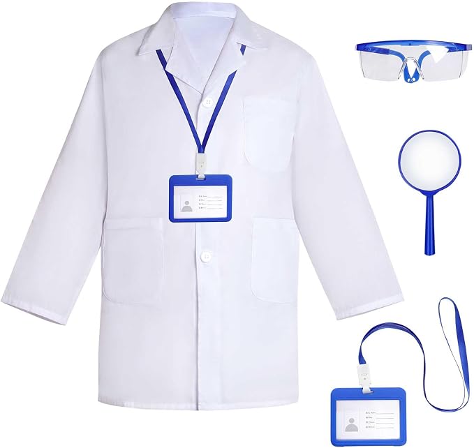 Doctor Scientist Costume Kids Lab Coat and Goggles Children Dress Up Kit with ID Card Magnifying Glass for Halloween