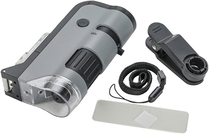 Carson MicroFlip 100x-250x, LED UV Pocket Microscope with Smartphone Clip, STEM Education (MP-250) | STEM Handheld Microscope with Smartphone Adapter Clip for Digiscoping, Flip Down Slide Base (MP-250)