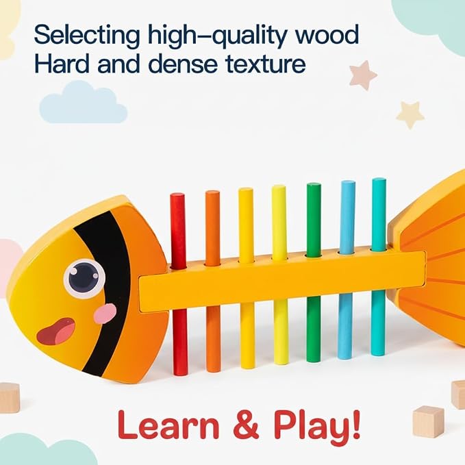 Montessori Fine Motor Skills Toys for Toddlers, Wooden Fishbone Color Matching & Sorting Toy with 20 Task Cards, Learning Educational Gifts for 3 4 5 6 Year Olds, Baby Sensory Training Toys