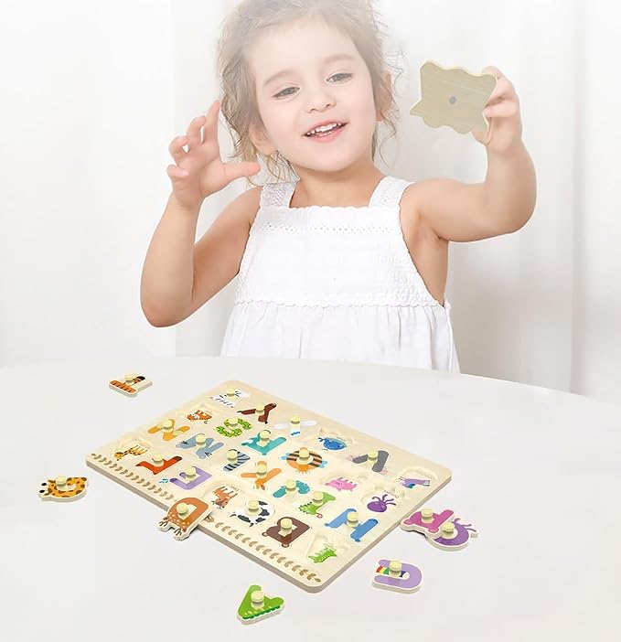 Wooden Peg Puzzle for Toddlers, Alphabet Learning Toys, Baby Puzzles Alphabet Board for Kids, Preschool Knob Puzzle for Boys Girls, Chunky ABC Shape Puzzles for 2 3 4 Year Old