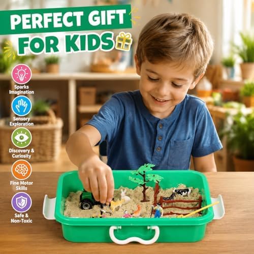 AGENTLAN Farm Sensory Bin with Sensory Sand, Farm Toys for Ages 3-8 | Moldable sensory sand, farm animal sensory toys, portable storage bin, pretend play, travel activity, gift for kids ages 3-8