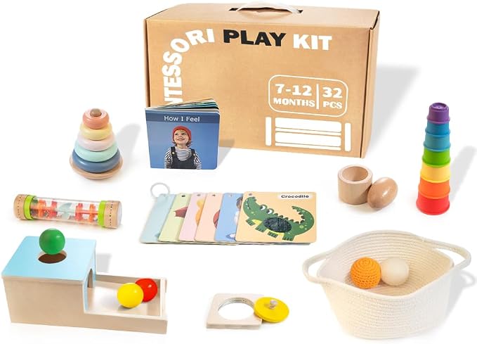 WOODMAM Montessori Toys for Babies 7-12 Months, 9 in 1 Educational Play Kit | Baby Toys 7-12 Months, Object Permanent Box, Stacking Cups, Mirror Puzzle, Ring Stacker, Baby Learning Toys, Baby Gifts
