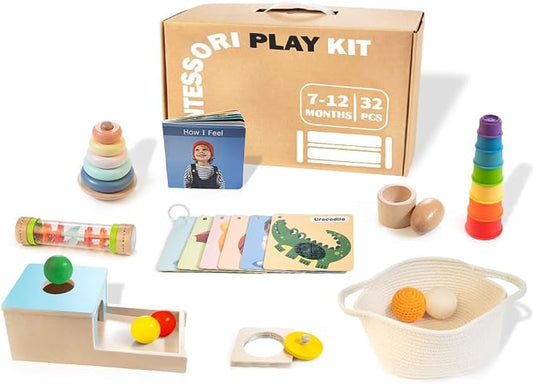 WOODMAM Montessori Toys for Babies 7-12 Months, 9 in 1 Educational Play Kit | Baby Toys 7-12 Months, Object Permanent Box, Stacking Cups, Mirror Puzzle, Ring Stacker, Baby Learning Toys, Baby Gifts