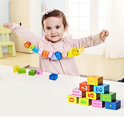 Caterpillar Lacing Toy, Wooden Threading & Stacking Beads for Toddlers | Nine numbered blocks among the 20; varied shapes and colors; counting, fine motor skills, dexterity and hand-eye coordination