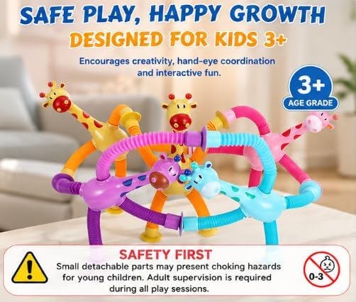 XONTEUS 4 Pcs Pop Tubes Giraffe Travel Airplane Road Trip Car Activities Essential, Telescopic Suction Cup Sensory Fidget Toys,Screen-Free Activity for Toddler 3+ and Kids, Stocking Stuffers for Kids