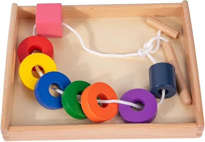 Adena Montessori Wooden Lacing Bead Set with Tray, 1-3y | 8 colorful geometric shapes with laces. Builds fine motor, pattern sequencing & hand-eye. Montessori. Gift 1-3y.