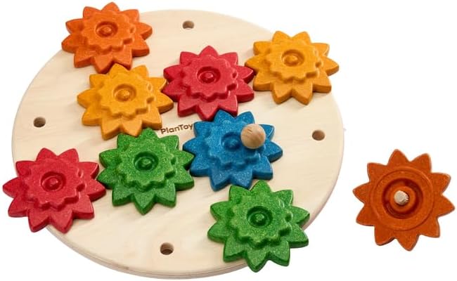 PlanToys® Wooden Spinning Gears Playset Montessori Construction Kids STEM | rotating gears, cause and effect toys, montessori toys, girls, boys, mechanical logical problem solving learning gift set