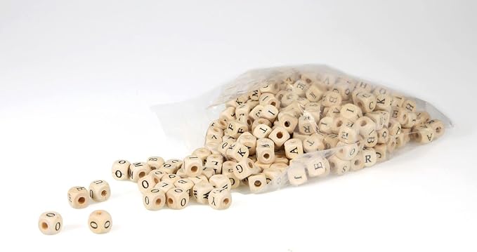 Lena 32005 Craft ABC-Cubes, 300 Cubical Threading Letters, Wooden Children from The Age of 3. Bead Set for Making Your own Jewellery, Wood-Coloured