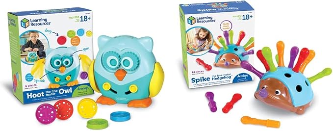 Learning Resources Fine Motor Friends Bundle, Spike The Fine Motor Hedgehog & Hoot The Fine Motor Owl, 2 Pack, Ages 18 mos+