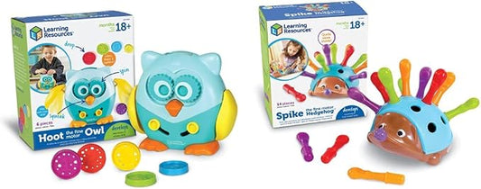 Learning Resources Fine Motor Friends Bundle, Spike The Fine Motor Hedgehog & Hoot The Fine Motor Owl, 2 Pack, Ages 18 mos+