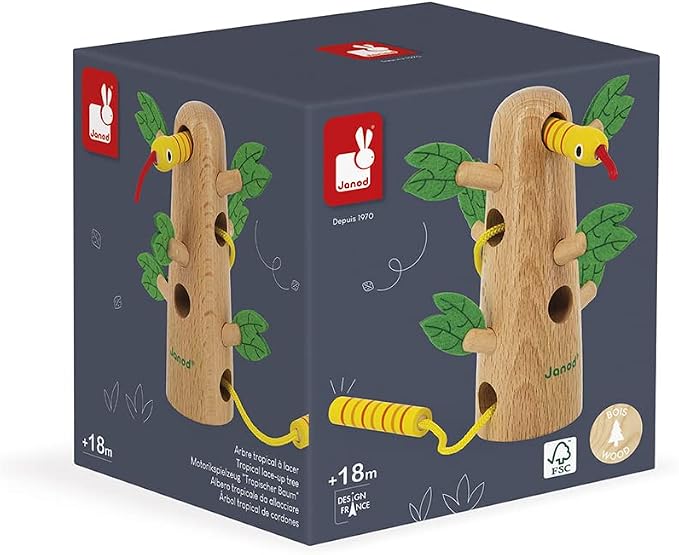 Janod - Tropik Lace-Up Tropical Tree - Wooden Early-Learning Toy - Educational Toy: Fine Motor and Concentration Skills - Water-Based Paint - 18 Months + J08265 | Builds Fine Motor Skills - Improves Concentration - Safe Water-Based Paint - Educational ...