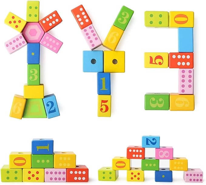 Caterpillar Lacing Toy, Wooden Threading & Stacking Beads for Toddlers | Nine numbered blocks among the 20; varied shapes and colors; counting, fine motor skills, dexterity and hand-eye coordination