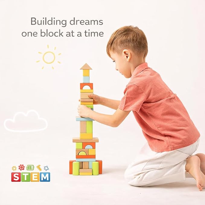 100 Pcs Building Blocks for Toddlers 1-3, Kids Wooden Blocks & Shape Sorter | Bucket for Easy Storage - Montessori Toys for 1 2 3 Year Old, Learning Toys for Preschool Girls and Boys