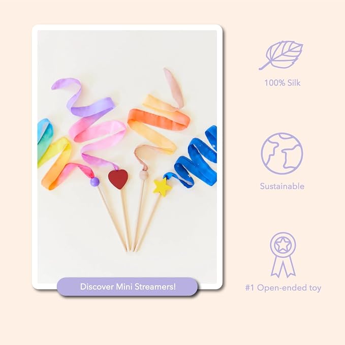 Sarah's Silks Mini Streamers, 8 Inch Handle 3 Foot Ribbon Wand for Pretend Play, Dance, Baton Stick Twirling, and Gymnastics Party Favors | Montessori and Waldorf Toys (Blossom)