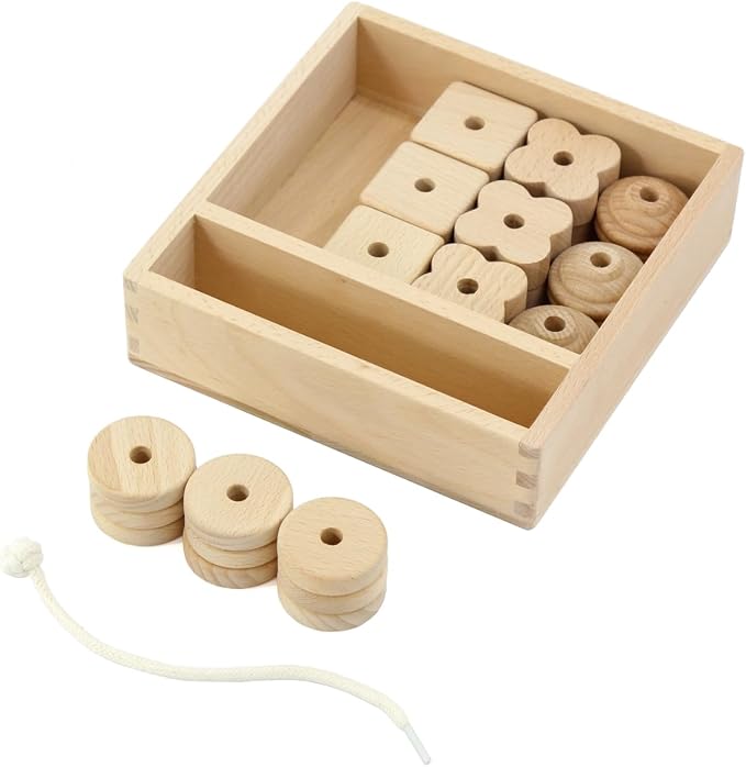 Kiddison Large Wooden Lacing Beads for Toddlers 2-4, Montessori Threading & Stringing Toy with Wooden Tray, Fine Motor Skills Activity, Occupational Therapy Toy, 27 Beads & 1 Lace