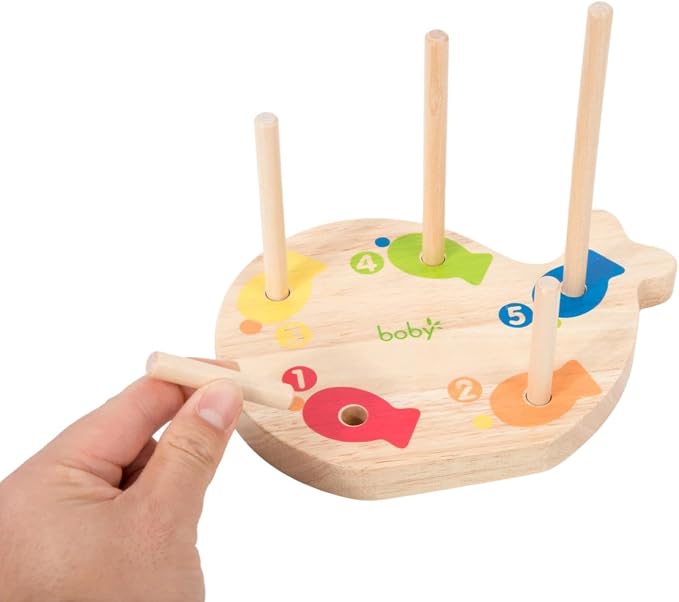 Montessori 4-in-1 Wooden Fish Stacking Toy for Toddlers 3-5, Magnetic Fishing Game—Lacing Beads, Fish Counting, Color Sorting, Balance Toys, Preschool Learning Set for Kids Boys & Girls