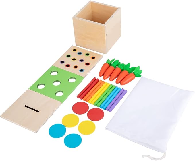 Adena Montessori 3 in 1 Wooden Play Kit for Babies 6-12 Months | Color drop, carrot harvest, coin box boost motor, logic and color sorting. Bright wood for toddlers independent play.