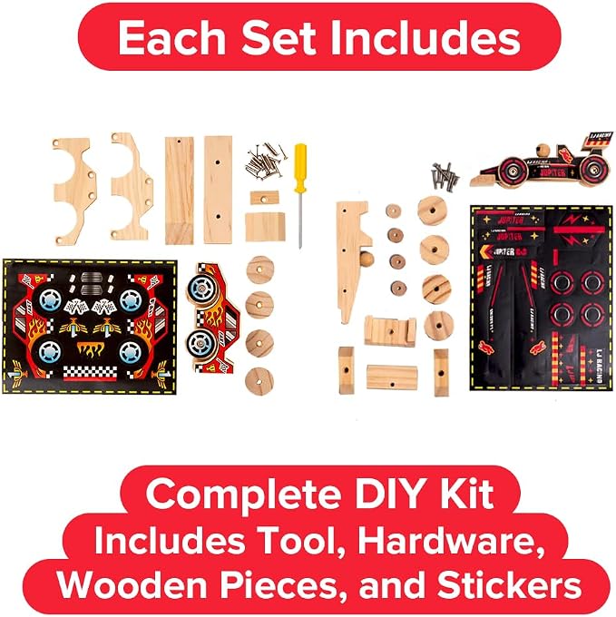 Little Jupiter DIY Wooden Kits w/Stickers - Stem Building Toys - Wood Crafts - Woodworking Kits - Wood Building Kits for Ages 4-7 Yrs (Open & Closed Wheel Race Cars)