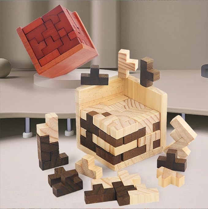 Ahyuan Wooden Brain Teaser Puzzle Cube Wooden Puzzles T-Shaped Jigsaw Logic Puzzle Educational Toy for Kids and Adults by AHYUAN (Brown and Natural)