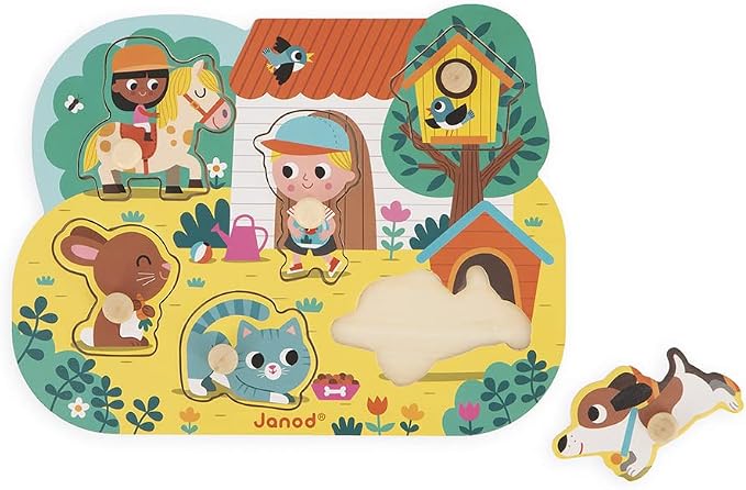Janod - Babies’ Wooden Puzzle - 6 Pieces with Pegs - Countryside Theme - Recessed Puzzle - Early-Learning Toy - 18 Months + J07107 | Early-Learning Educational Toy - Recessed Board with Pegs - Develops Fine Motor Skills - Toddlers 18 Months and Up