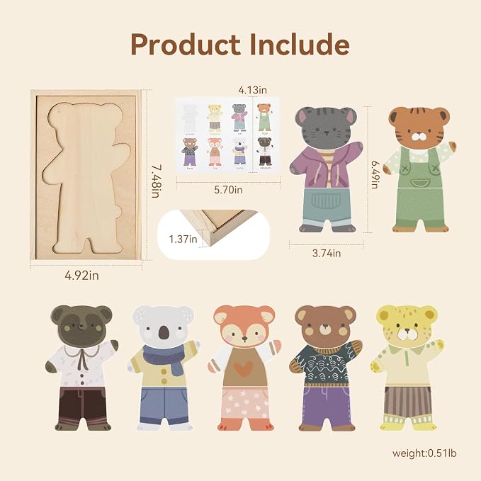 Wooden Animal Dress-Up Puzzle for Ages 3+, 21 Mix-and-Match Pieces with Storage Box, Montessori Matching Toy for Fine Motor Skills and Imaginative Play, Birthday