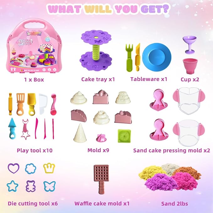 Bakery Sensory Sand Kit - 40PCS Baking & Ice Cream Shop for Girls, 2lbs Colorful Magic Sand, Cake/Cookie/Waffle/Ice Cream Molds, Tools, Portable Storage | Creative STEM Gift for Kids Ages 3-8