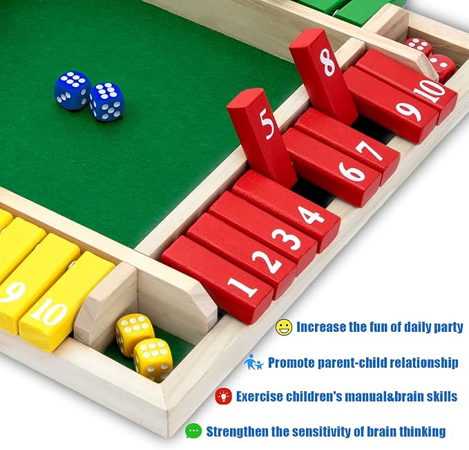 Shut The Box Game, 12 Inches Family Wooden Board Table Math Dice Games for Adults and Kids, 2-4 Player Classics Tabletop Version Games for Classroom,Home,Party or Pub